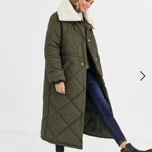 ASOS DESIGN Quilted Maxi Puffer Coat with Borg Collar in khaki